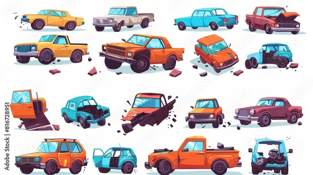 Cartoon set of damaged cars in a traffic accident. Broken glass, damaged, stolen wheels, smashed hoods, cabins. Road accidents. Vehicle insurance. Modern illustration. Cartoon set of damaged cars in a traffic accident. Broken glass, damaged, stolen wheels, smashed hoods, cabins. Road accidents. Vehicle insurance. Modern illustration.