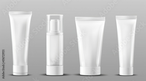 A modern realistic mock up of a cosmetic package, consisting of white bottles with plastic caps isolated on a transparent background. photo