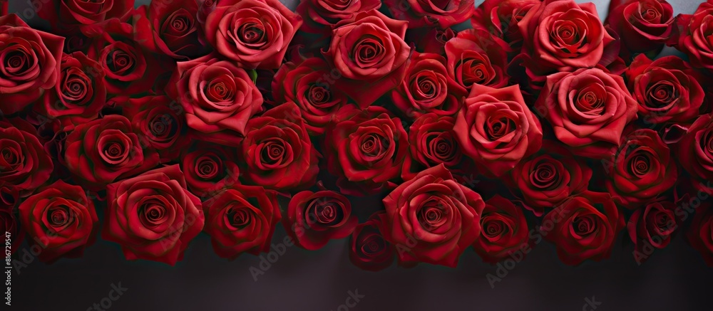 A stunning backdrop showcasing a vibrant arrangement of red roses with ample space for copy and image A stunning backdrop showcasing a vibrant arrangement of red roses with ample space for copy and image