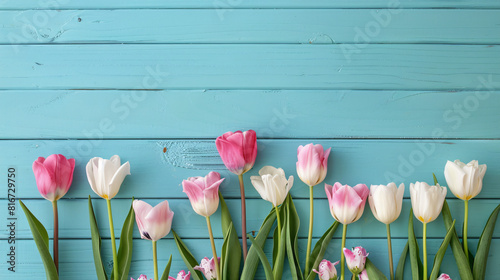 Composition with beautiful tulip flowers on color wooden table #816729750