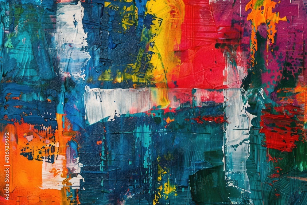 Fototapeta premium Vibrant painting with multiple colors of paint splattered on canvas. Perfect for artistic projects or backgrounds