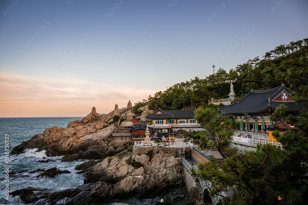 Stunning view of the historic Busan temple, located on the coast of Korea Stunning view of the historic Busan temple, located on the coast of Korea