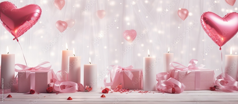 A St Valentine s Day themed setup with pink candles presents wrapped in red ribbons and hearts scattered on a white wooden table The backdrop features pink tulle creating a romantic atmosphere Copy sp A St Valentine s Day themed setup with pink candles presents wrapped in red ribbons and hearts scattered on a white wooden table The backdrop features pink tulle creating a romantic atmosphere Copy sp
