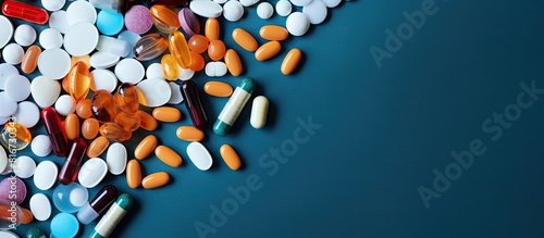 Top view of various medicines for flu illnesses cold and cough displayed on a blue table with tablets Ample space for a copy space image photo