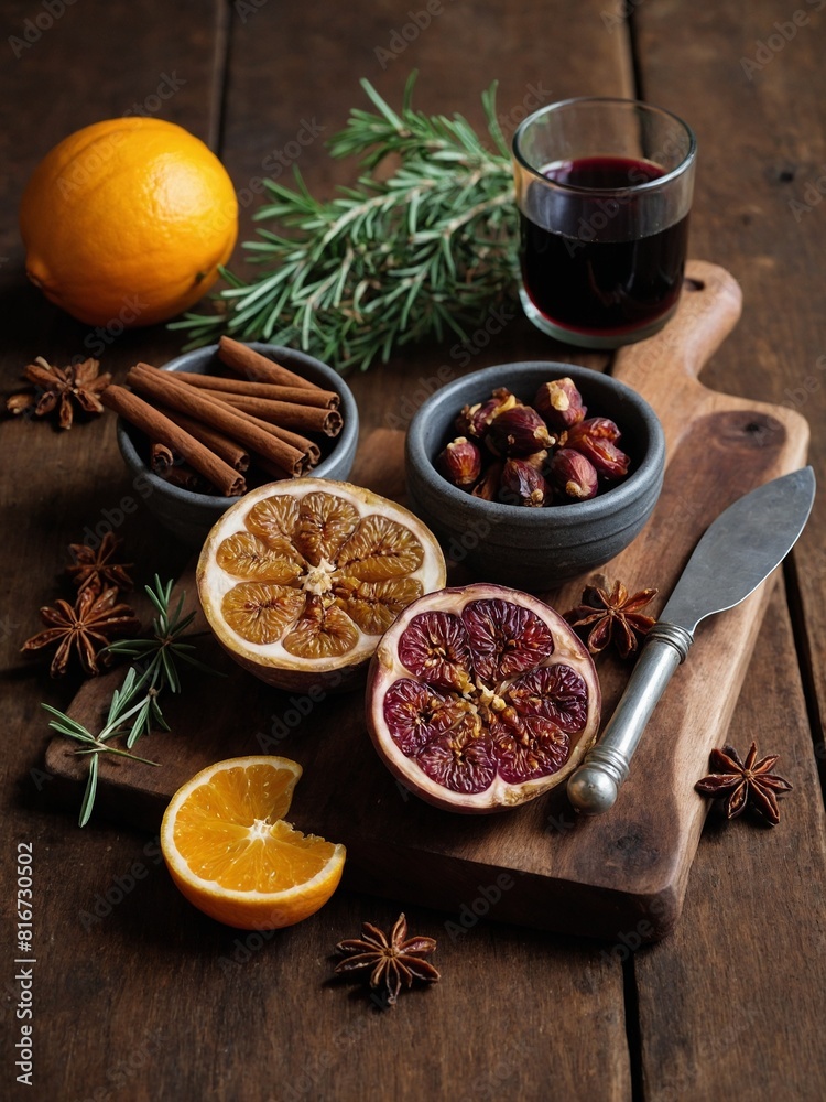 Rustic wooden board holds assortment of aromatic ingredients, glass of red wine, suggesting preparations for warm, spiced beverage, culinary dish. Board features sliced citrus fruits, cinnamon sticks. Rustic wooden board holds assortment of aromatic ingredients, glass of red wine, suggesting preparations for warm, spiced beverage, culinary dish. Board features sliced citrus fruits, cinnamon sticks.