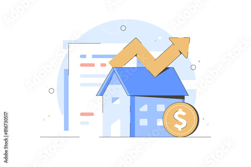 Housing crisis Real estate prices rising. The concept of low cost real estate. Arrow graph hitting the house. Vector flat illustration