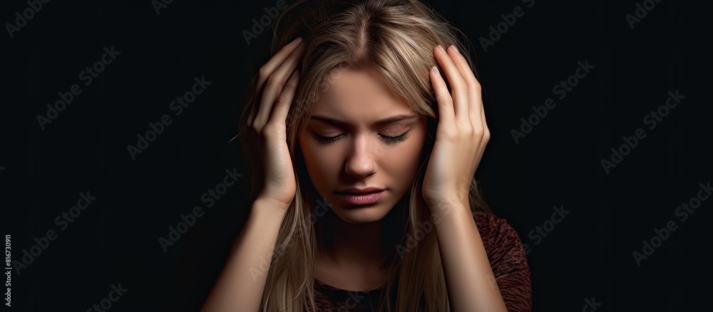 Studio shot of an unhappy blonde girl with a migraine touching her head in a copy space image Studio shot of an unhappy blonde girl with a migraine touching her head in a copy space image