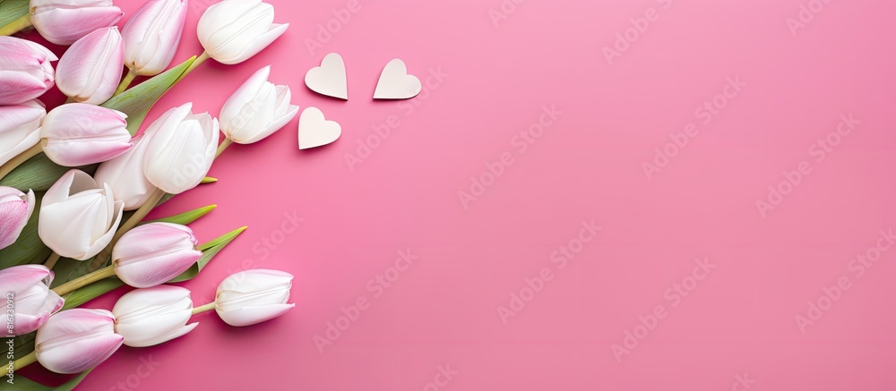 The copy space image showcases a white frame adorned with paper hearts and tulip bouquet placed on a vibrant pink surface