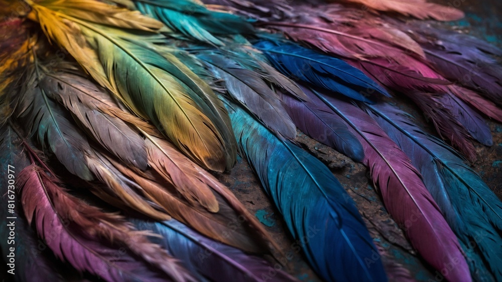 Vibrant array of multicolored feathers spread out in fan-like formation, showcasing spectrum of hues from yellow to blue, creating visually striking pattern on dark surface. Vibrant array of multicolored feathers spread out in fan-like formation, showcasing spectrum of hues from yellow to blue, creating visually striking pattern on dark surface.