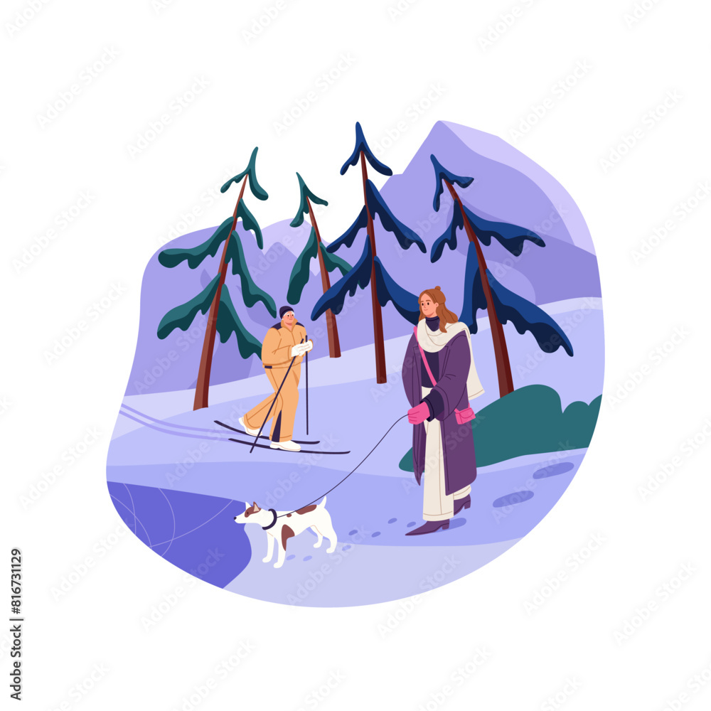 Fototapeta premium Happy people walk outdoor in winter. Girl strolls her dog on leash in snow park. Old man with active lifestyle skiing around fir trees in cold weather. Flat isolated vector illustration on white