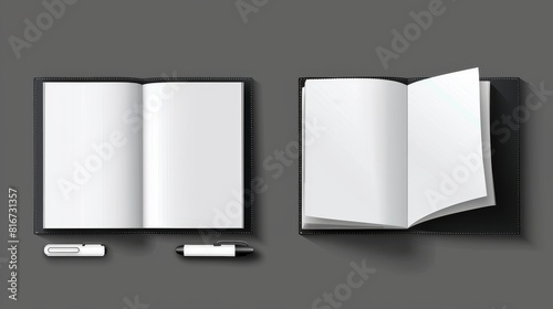 Open and closed empty notebooks. Modern illustration of a paper book with blank white pages isolated onto a transparent background. Mockup of a product catalog. Private diary template. photo