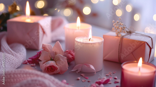 Composition with candles and gift box on color background
