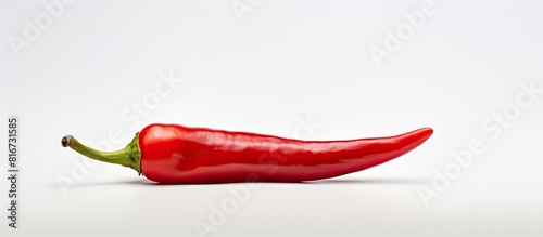 A vibrant red chili pepper symbolizing vegetable ingredients used in food stands alone against a white background leaving room for accompanying text. with copy space image