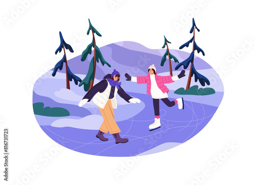 People rejoice of winter. Happy girls walk in snowy park. Teenagers skate on frozen pond, river. Young skaters have fun on outdoor ice rink. Flat isolated vector illustration on white background