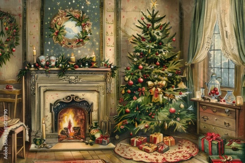 Cozy vintage illustration of a christmas setting with a festive tree, gifts, and a roaring fireplace