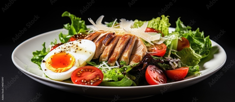 A restaurant dish with a salad on a plate consisting of fresh lettuce succulent chicken fillet juicy cherry tomatoes delicate quail eggs and grated Parmesan cheese Copy space image A restaurant dish with a salad on a plate consisting of fresh lettuce succulent chicken fillet juicy cherry tomatoes delicate quail eggs and grated Parmesan cheese Copy space image