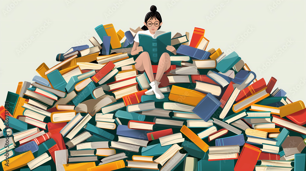 illustration of a girl reading a book on top of a large pile of books