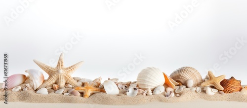 White background with sand and shells perfect for adding copy space to your image