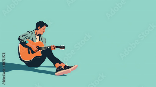 illustration of a man playing guitar on a pastel blue background with copy space