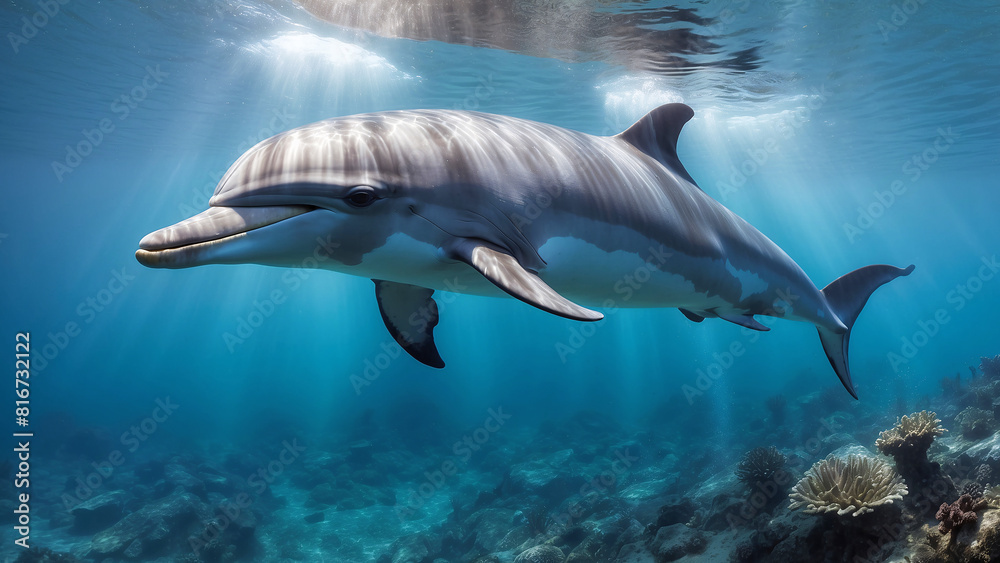 Fototapeta premium Happy Cute Dolphin Swimming In Its Natural Habitat Looking For Food Underwater Photography Style 300 PPI High Resolution Image