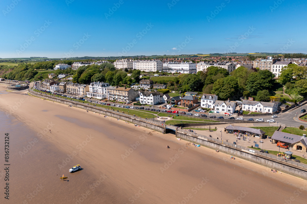 Aerial photo of the beautiful town of Filey in the UK, showing the beach front on a sunny summers day
