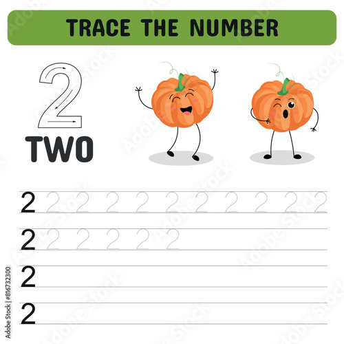 Trace the number. Tracing number 2  with funny pumpkins. Educational game  for kindergarten and preschoolers. Printable sheet. Vector illustration