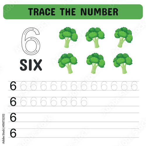 Trace the number. Tracing number with broccoli. Educational game  for kindergarten and preschoolers. Printable sheet. Vector illustration