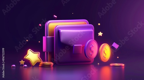 The purple wallet can be opened and closed in 3D as a symbol of saving money and using credit cards. The wallet supports cashback, payment, finance and income symbols. The wallet icon can be used for photo
