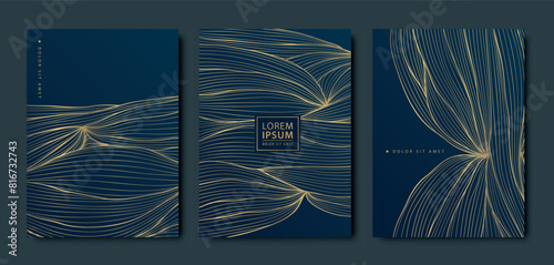 Vector set of golden leaf luxury backgrounds, wave elegant card, abstract floral line hand drawn flyers. Wedding, birthday Japanese motif brochures, black posters.