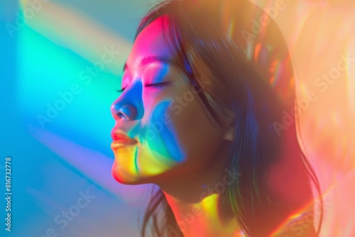 An Asian woman with closed eyes stands in front of a rainbow light, her profile illuminated by the colorful hues