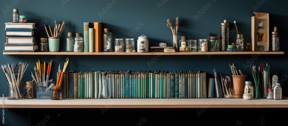 Fototapeta premium The study at home equipment including pens pencils rulers notes and books is neatly organized on a shelf with ample copy space available