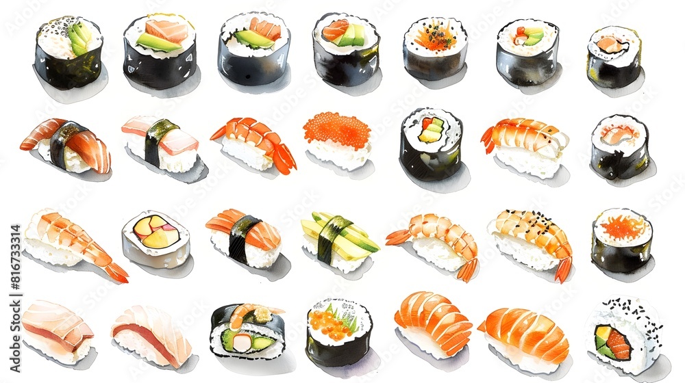 Assorted Traditional Japanese Sushi Rolls and Nigiri Plates Served on Wooden Board Featuring Fresh Seafood Vegetables and Spices in Elegant Culinary Assorted Traditional Japanese Sushi Rolls and Nigiri Plates Served on Wooden Board Featuring Fresh Seafood Vegetables and Spices in Elegant Culinary