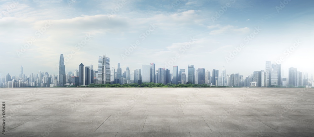An urban landscape with a panoramic skyline and buildings featuring an empty concrete square floor that offers ample copy space for your image An urban landscape with a panoramic skyline and buildings featuring an empty concrete square floor that offers ample copy space for your image