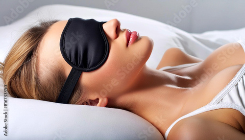 Portrait of a beautiful young blonde woman lying on white pillow in bed, in a supine position (lying on back) with black eye mask sleeping or napping. Generative Ai. photo