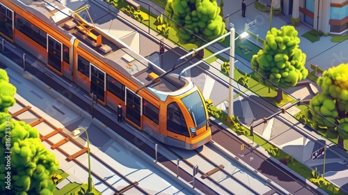 An isometric tram and train banner with locomotive and wagons. A modern poster of passenger transport with flat illustrations of railway cities and commuter railways. photo