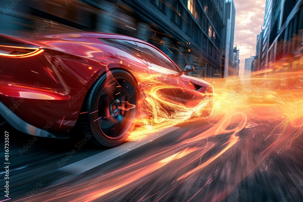 A high-speed capture of a sleek fiery red sports car zooming through city streets, leaving a trail of flames in its wake