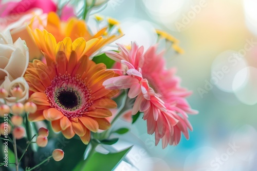 A close-up of a vibrant bouquet of colorful flowers displayed in a glass vase