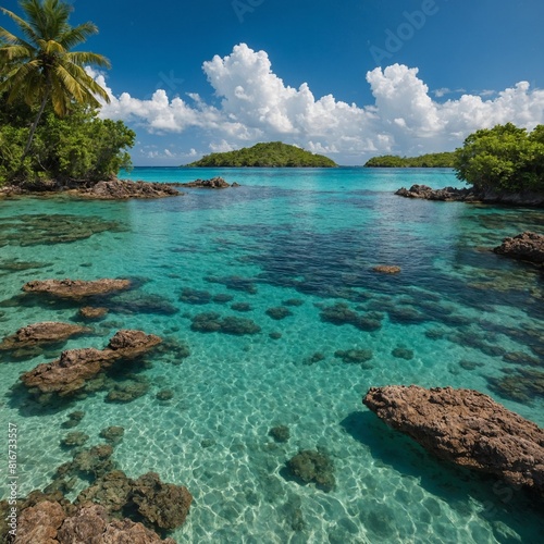 A tropical island with a calm lagoon and abundant marine life.