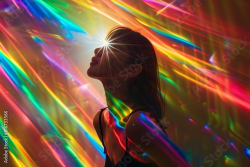 An Asian woman stands in front of a rainbow-colored light beam  creating a mesmerizing scene