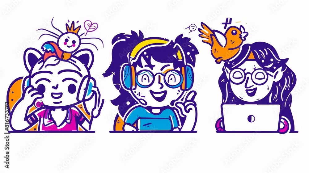Cartoon character video call, online conference. Contemporary cartoon character virtual chat. Friends communicate remotely, Internet meeting, Linear modern illustration. Cartoon character video call, online conference. Contemporary cartoon character virtual chat. Friends communicate remotely, Internet meeting, Linear modern illustration.