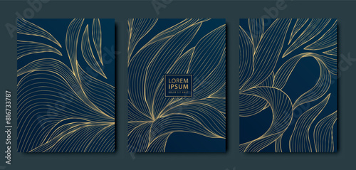 Vector set of golden leaf luxury backgrounds, wave elegant card, abstract floral line hand drawn flyers. Wedding, birthday Japanese motif brochures, black posters.