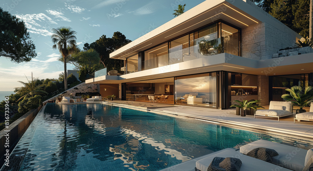 Modern, luxurious, large villa with a pool. Generative AI.