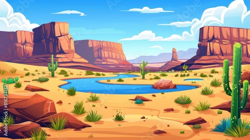 An African landscape with yellow sand  cacti  rocks and water ponds. Cartoon panoramic background.