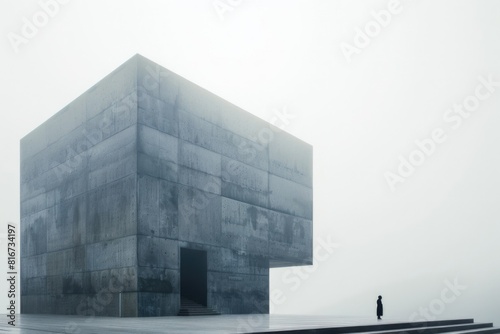 A person standing in front of a building on a foggy day. Suitable for urban and weather-related concepts