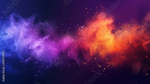 Colorful powder cloud banner with horizontal border  orange and purple color splashes on black background  colorful cloud explosion design Realistic 3D modern illustration.