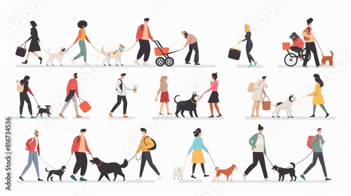 A set of people walking  playing  and having fun with pets of a variety of breeds. A set of happy  casual people of various ages and backgrounds. Active leisure  friendship concept.