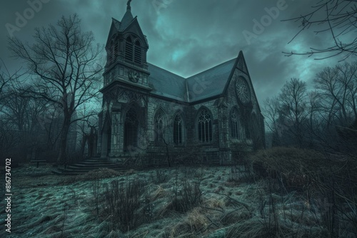 Moody, eerie image of an old gothic church surrounded by dark, bare trees under a night sky