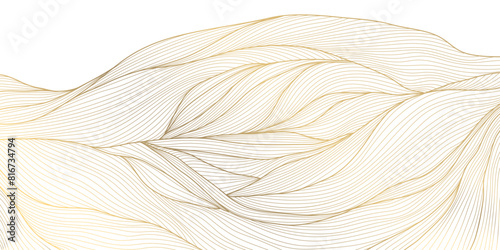 Vector gold line mountain background, nature landscape graphic, japanese wave illustration. Land, relief pattern, wall art