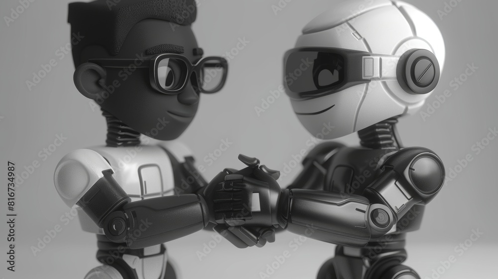 Black and white businessmen shaking hands in a cartoon illustration after negotiating online, signing a contract, meeting distantly. Black and white businessmen shaking hands in a cartoon illustration after negotiating online, signing a contract, meeting distantly.
