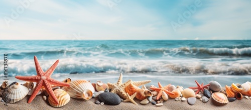 A creative representation of summer beach travel featuring seashells sea stars coral and stones on the sandy shore in a copy space image